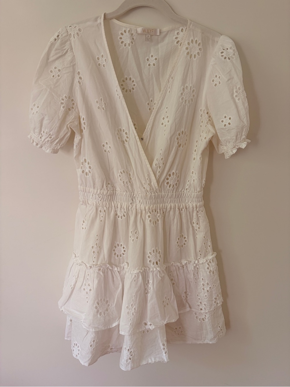 Wayf White Eyelet Ruffle Wrap Mini Dress